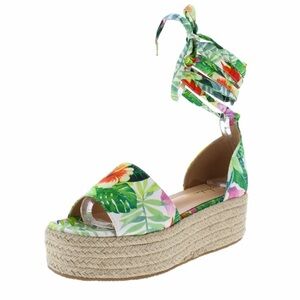 Floral palm tree flat platform wrap tie up espadrille sandals sz 10